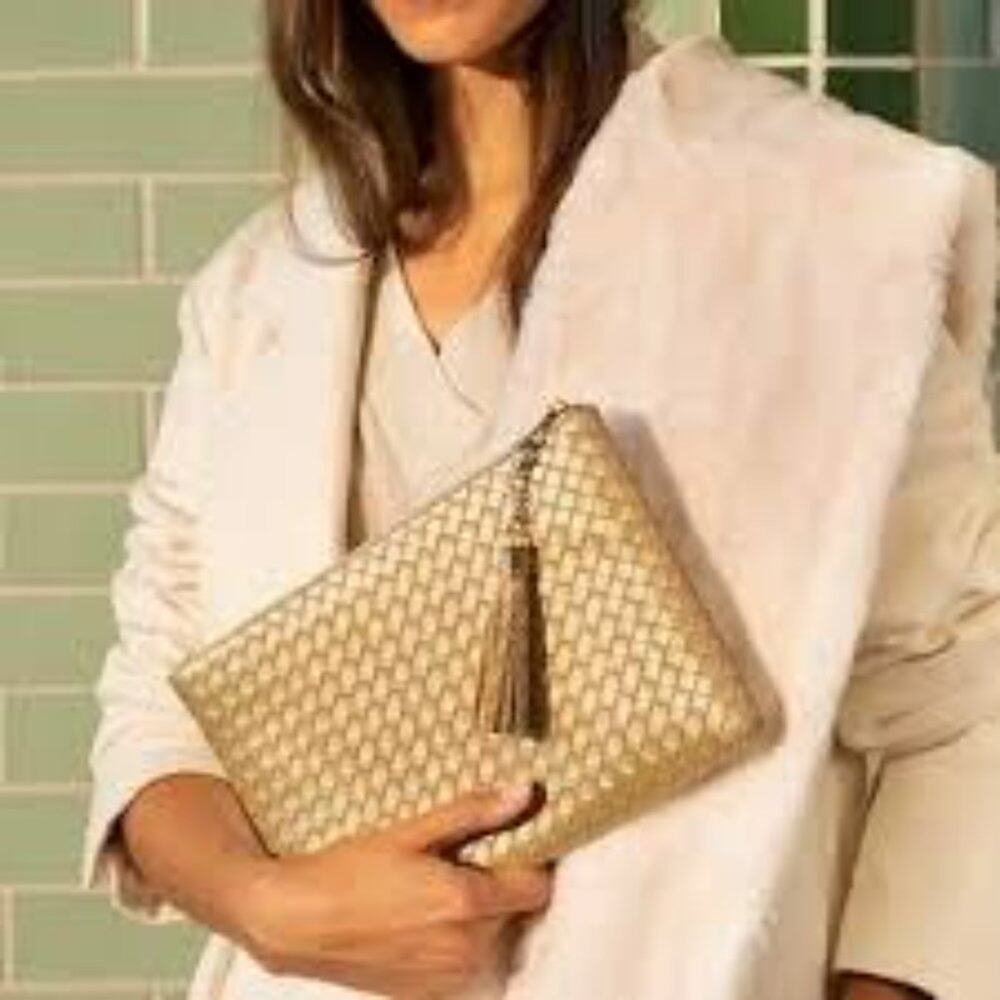NWT‎ Virginia Woolf gold mimi woven clutch